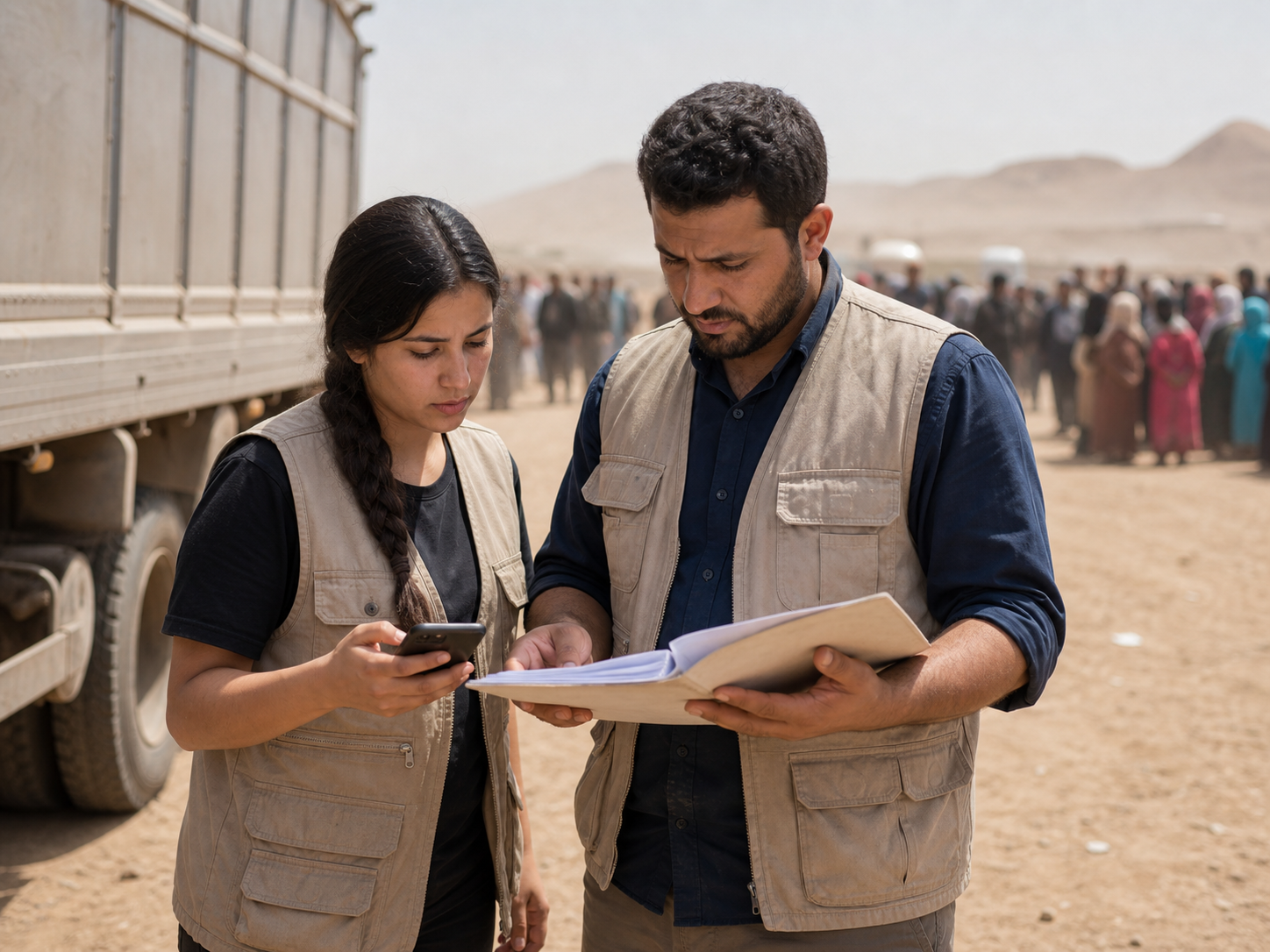 Two field workers in plain vests reviewing a document and a phone beside a truck at a distribution point