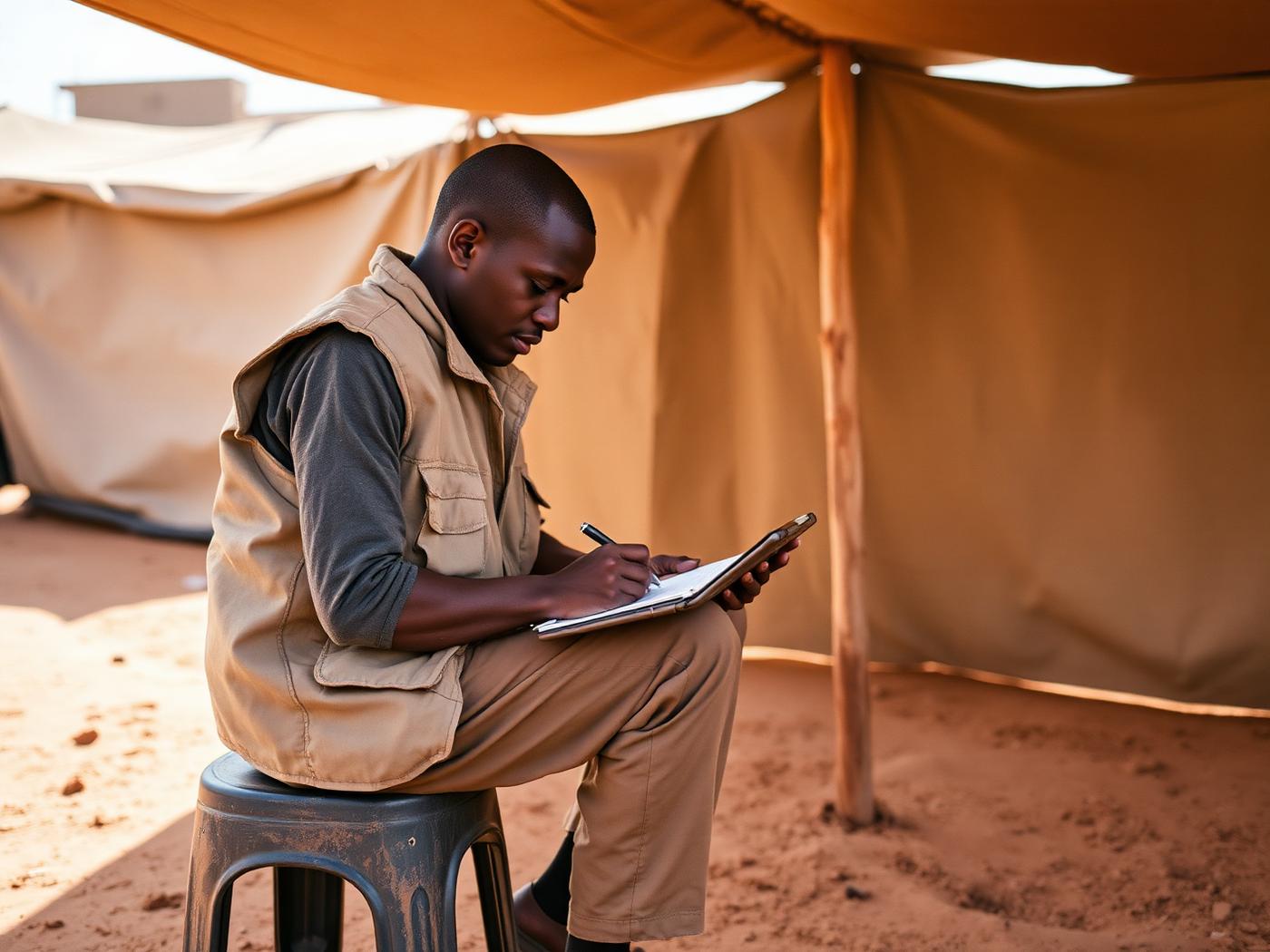 A caseworker in a plain field vest writing notes on a rugged tablet under a canvas shelter