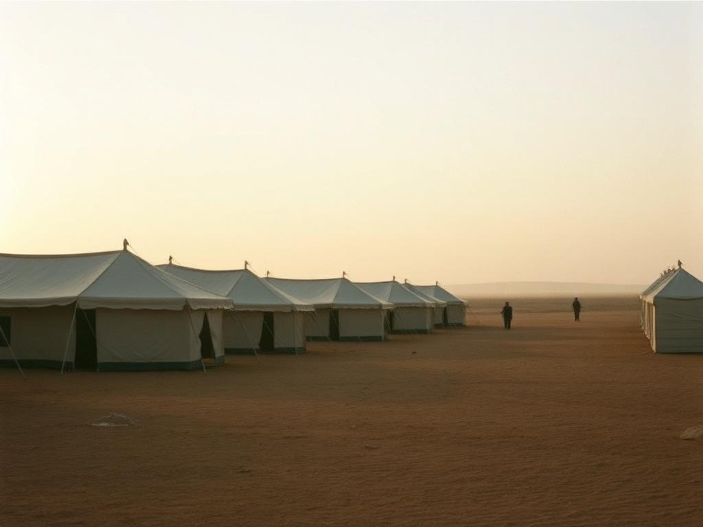 Rows of canvas tents in a dusty displacement settlement at golden hour